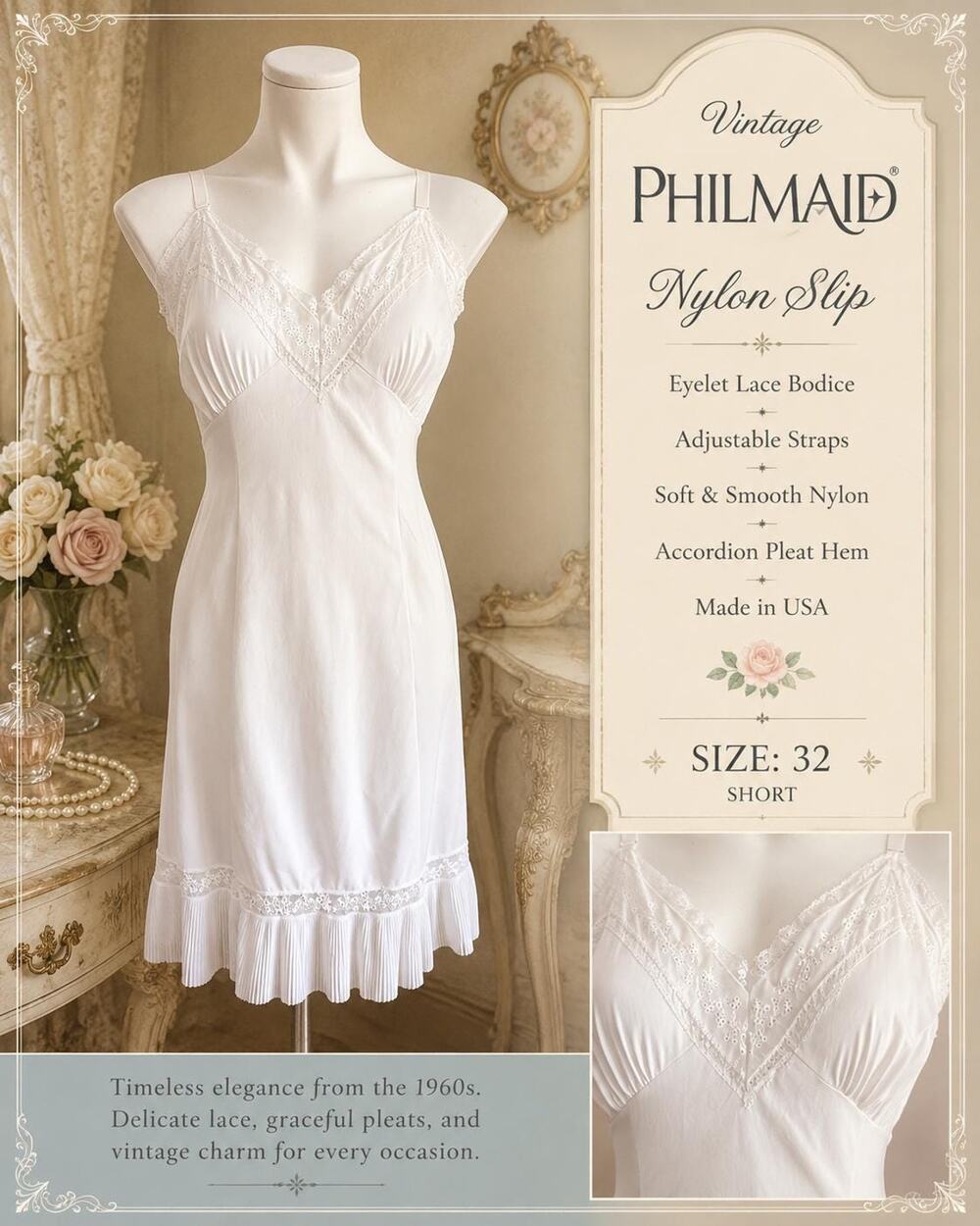 Vintage 60s Philmaid White Nylon Slip Eyelet Lace Accordion Pleat Hem Size 32 S